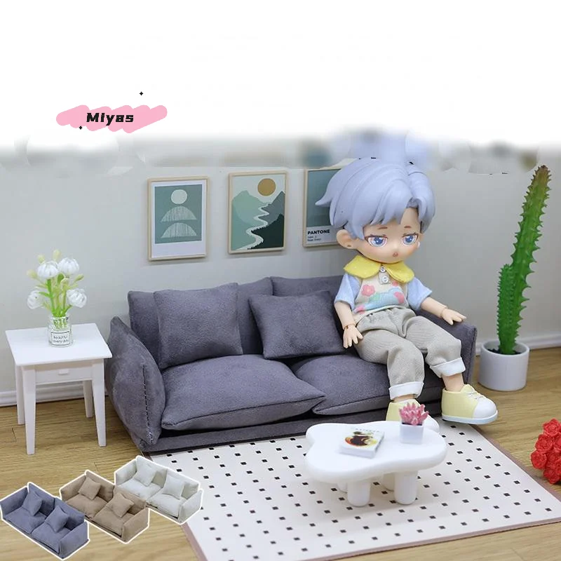 Italian Suede Sofa Set for Dollhouse Miniature Living Room Chairs Decor Furniture Simulation Kids Pretend Play Toy