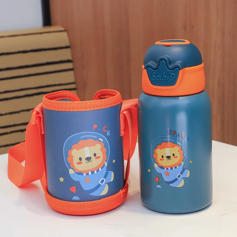 

Children's Thermos Cup Stainless Steel Child Thermal Bottle Baby Straw Cups Smart Cartoon Double Cover Cup Shoulder Bottle Cover