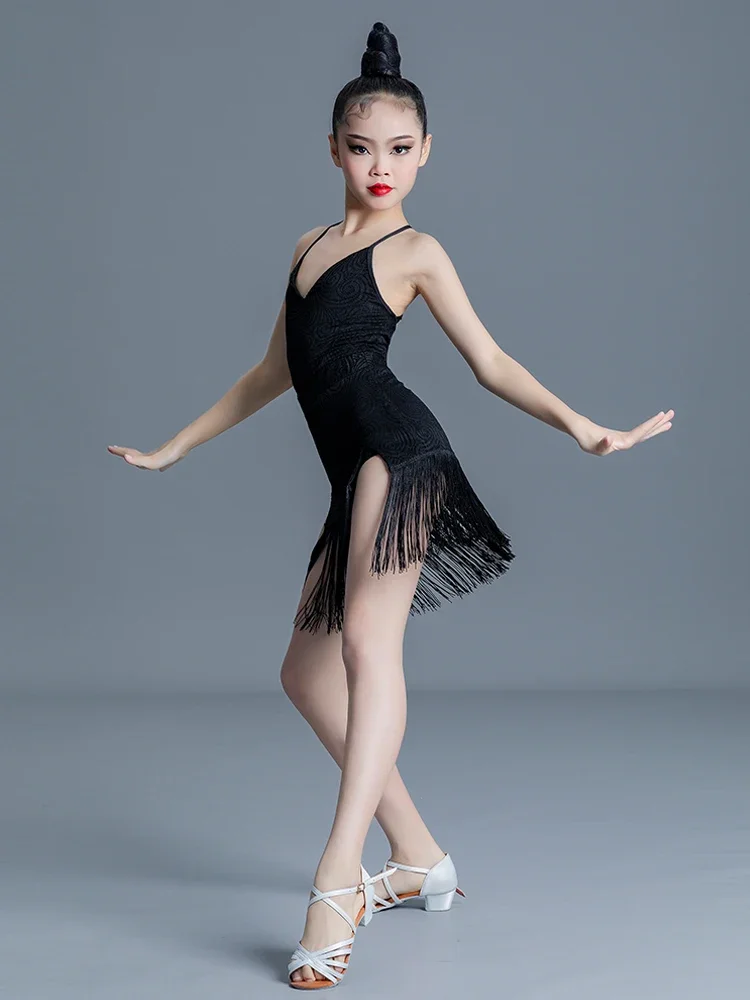 Robe de danse latine pour enfants, robe de balançoire à franges, robes de salle de Rhpour filles, concours de olympiques, tango, salsa, 2024, nouveau