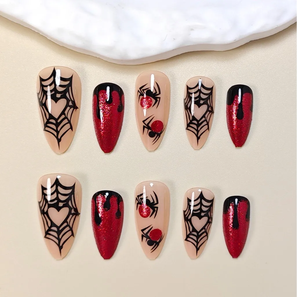 24 pièces brillant rouge strass faux ongles conseils Halloween toile d'araignée impression presse sur ongles portable réutilisable rouge amande faux ongles