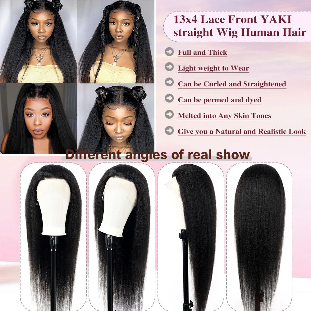 13x4 Yaki Kinky Straight Lace Front Wigs Human Hair Pre Plucked 180 Density Lace Frontal Wigs Human Hair for Women