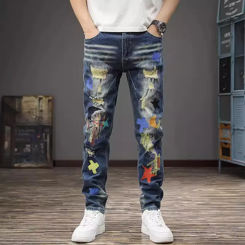 

Streetwear Fashion Men Jeans Retro Blue Elastic Destroyed Slim Ripped Jeans Men Embroidery Patch Designer Hip Hop Denim Pants