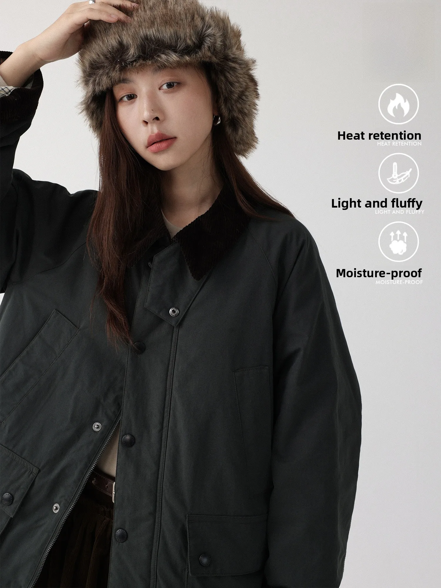 

LowCalorie Barn Style Loose Fit Corduroy Patchwork Sleeve Cotton Jacket Warm Outerwear Collar Zipper Closure Long Sleeve