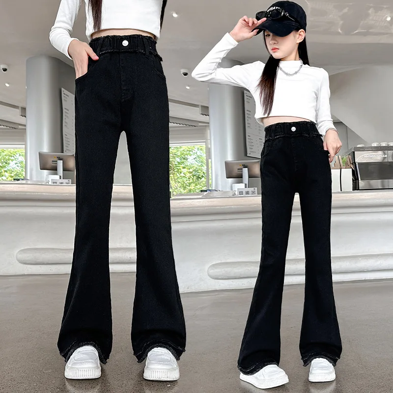 2024 new version mid size children's fashionable slim fit elastic trumpet jeans Girls' denim bell bottoms autumn collection