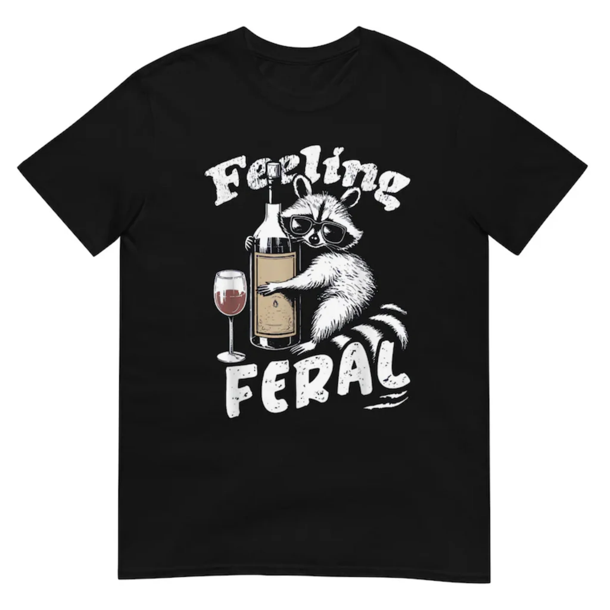 Wine Bottle Size - 女性用半袖Tシャツ フェルアルワインボトル サングラス ラクーン ヴィンテージ ディストレスグラフィックTシャツ