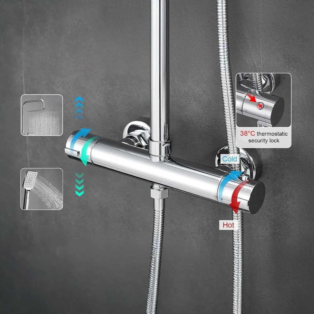 Shower System with Thermostat – 10-Inch Rain Shower Head, Stainless Steel, with Thermostat and Adjustable Wall Mount