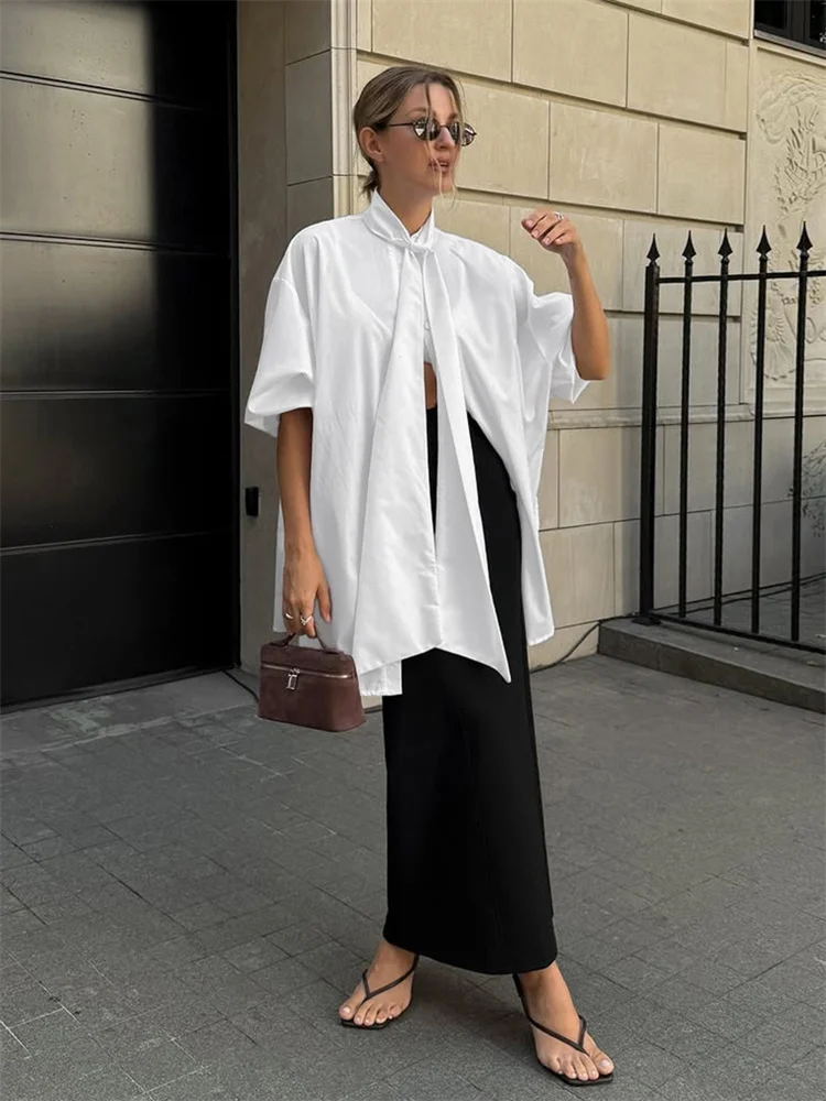 

Женская летняя блузка-кардиган Tossy White с коротким рукавом, свободного кроя, на шнуровке, с лоскутным узором, повседневная, для офиса