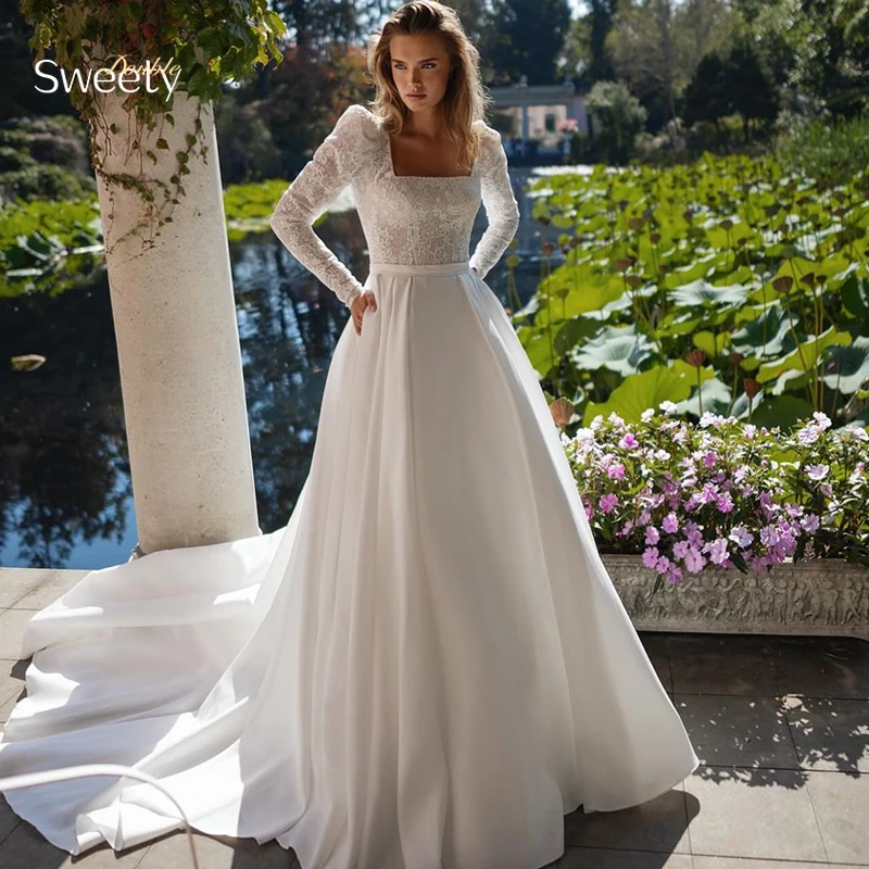 Vestido De novia Vintage De satén suave con encaje bordado, vestido De baile De línea a, manga completa, cuello cuadrado, vestido De novia con botones