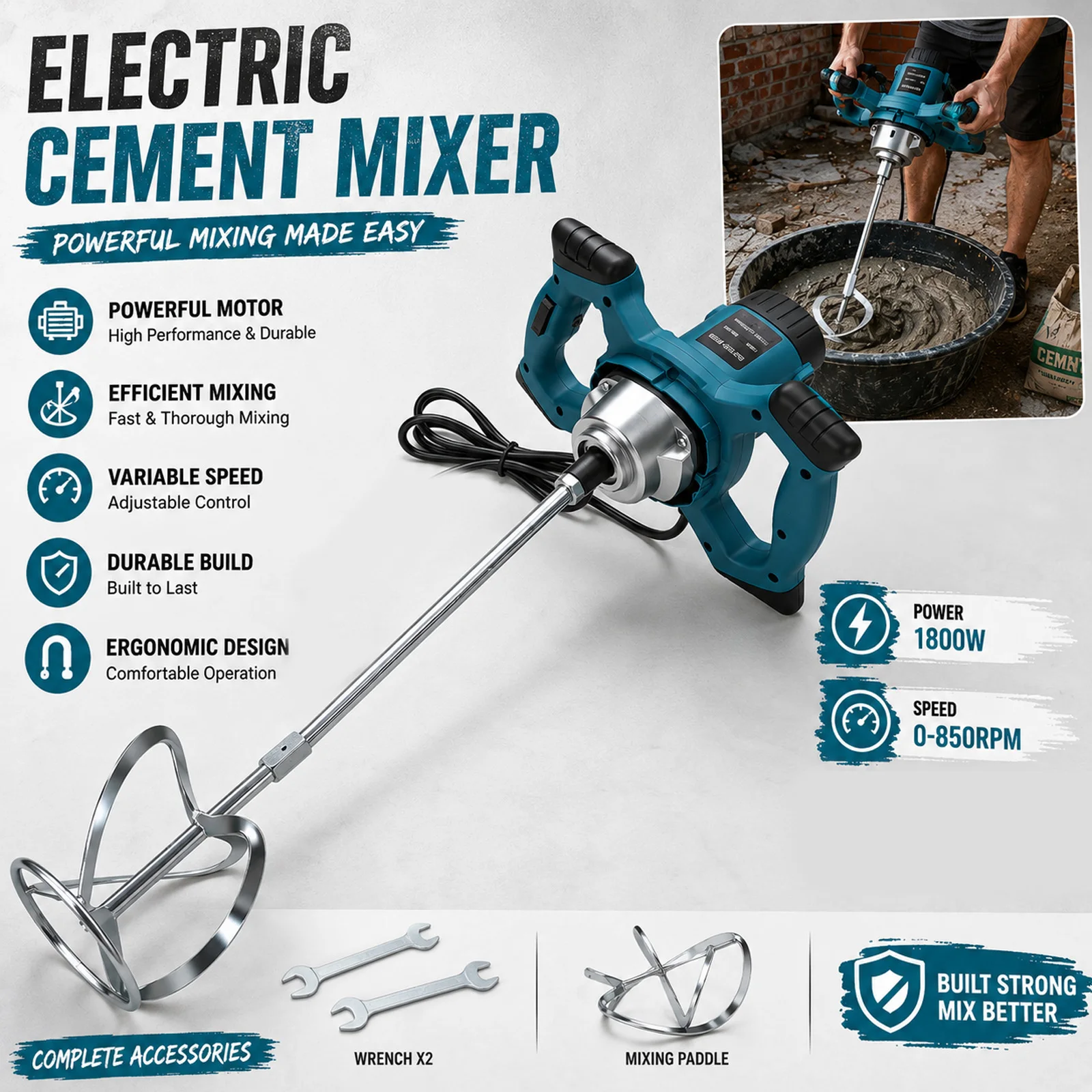 Miscelatore elettrico per cemento da 1800 W, con velocità variabile da 0 a 8500 giri/min, miscelatore per malta, design ergonomico con doppia maniglia