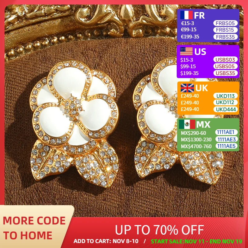 

Vintage Stud Flower Earrings White Enamel Rhinestone Antique Gold Color Leaf Accessories Women Wedding Luxury Quality Jewelry