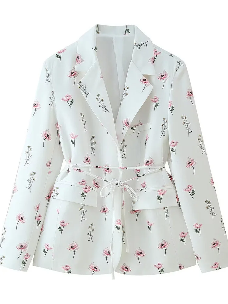 

Faionable Floral Print Suit Jaet for Women with Belt Long Sve Notch Lapel Casual Sle Polyester Fabric Spring Autumn