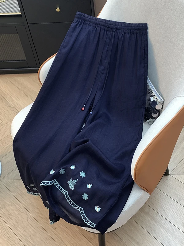 

Summer 2026 Casual Embroidered Drawstring Double Layer Loose Wide Leg Pants Women High Waist Straight Leg Breathable Comfortable