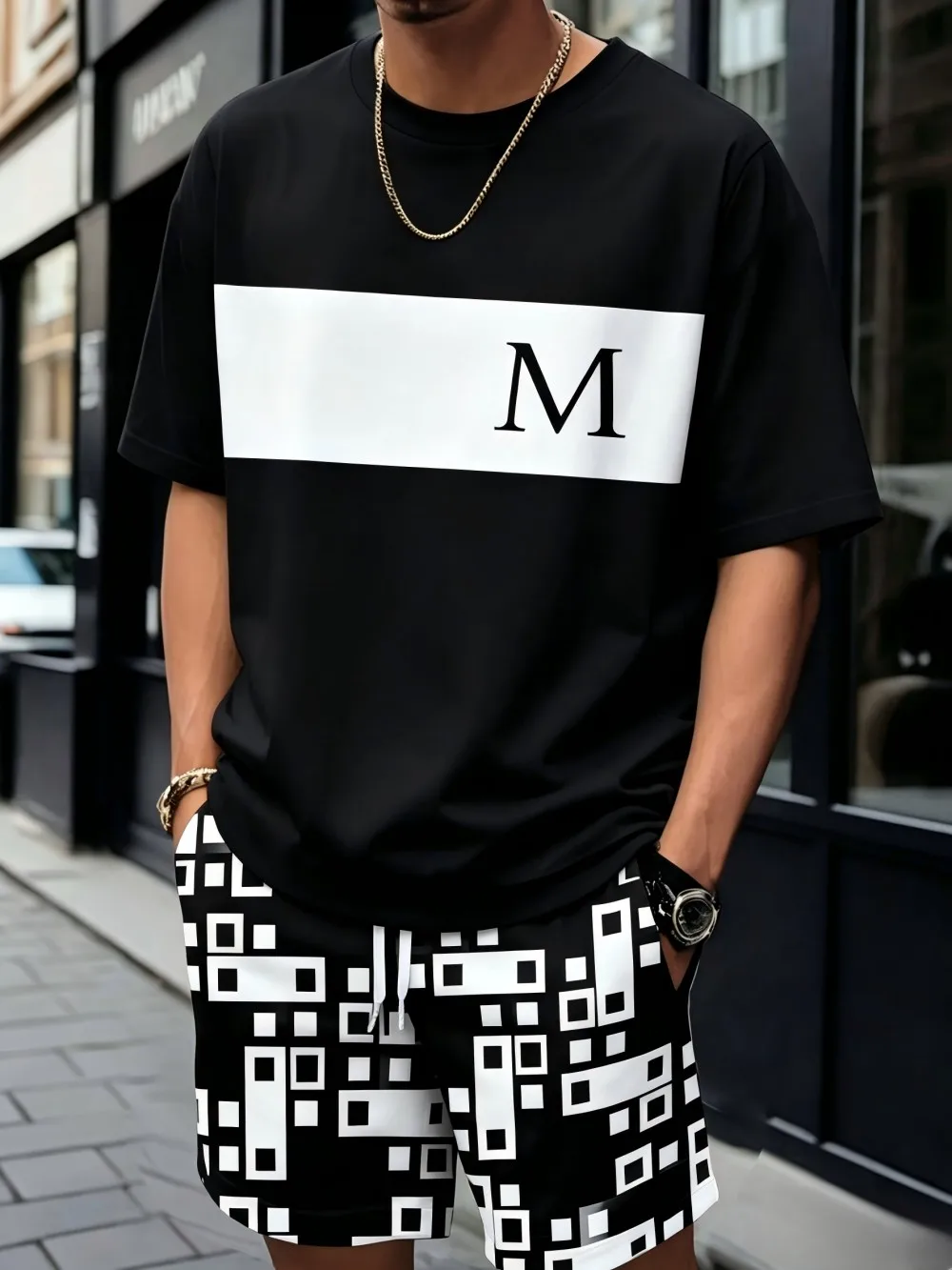 

Men's summer striped letter graffiti print comfortable breathable round neck T-shirt drawstring shorts set outdoor casual wear