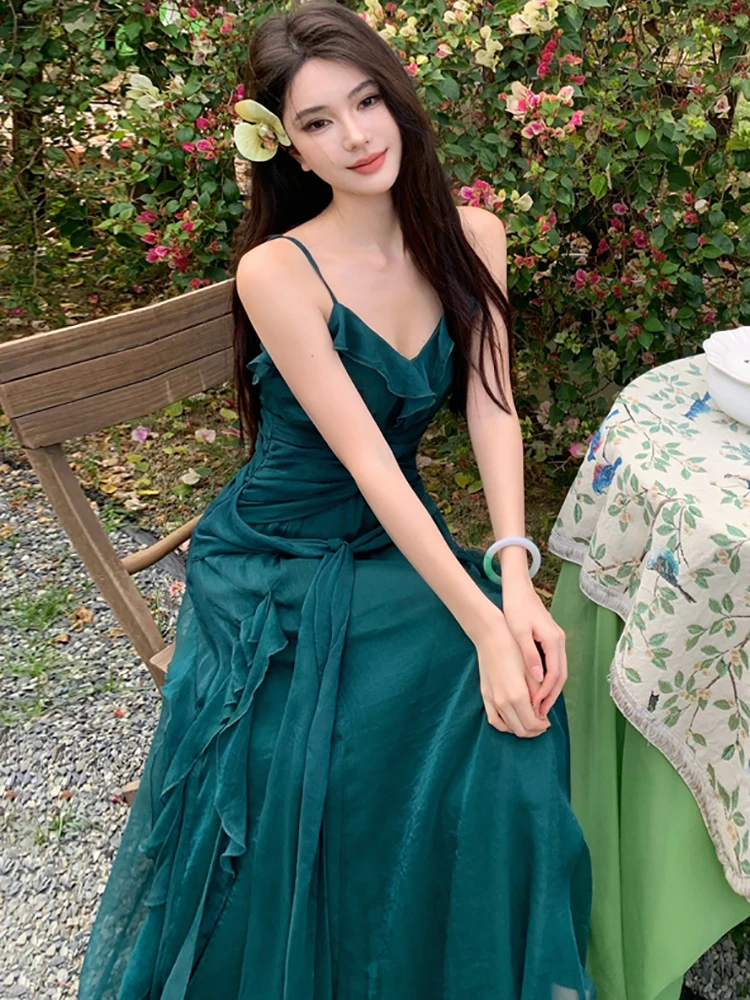 2025 グリーンパッチワーク ラッフルVネック セクシー スリング ロングドレス レディース エレガント ラグジュアリー ドレス サマー 韓国 ヴィンテージ フェスティバル パーティー ドレス