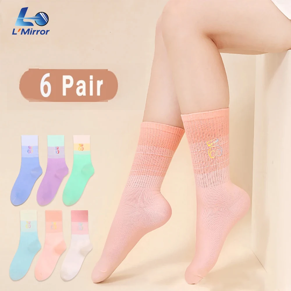 

L ● Зеркальные, 6 пар женских спортивных носков с градиентом, хлопковые антибактериальные ворсы до середины икры, милые красочные ботинки для бега