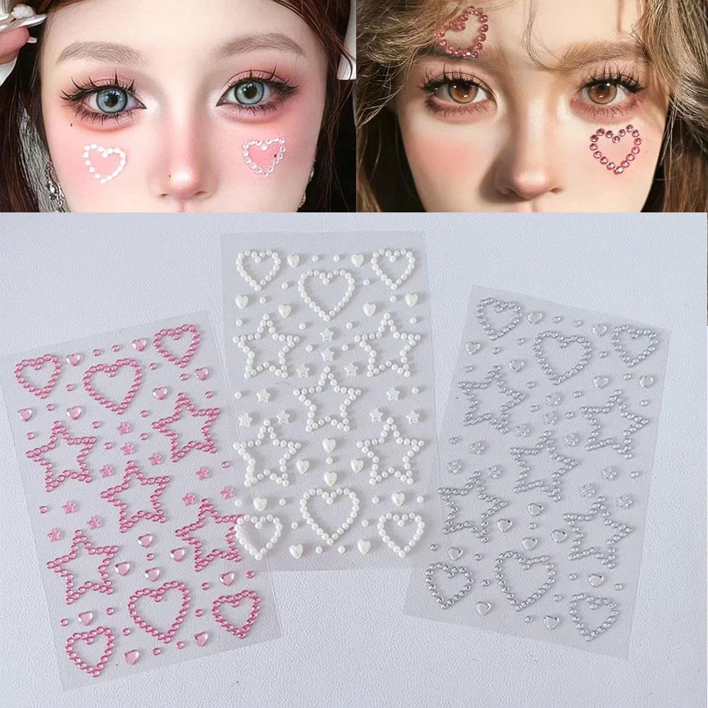 3 Sheets Rhinestone Stickers Imitation Pearl Acrylic Decal Self Adhesive Stickers 3D Star Heart Face Jewels Eyeshadow Stickers