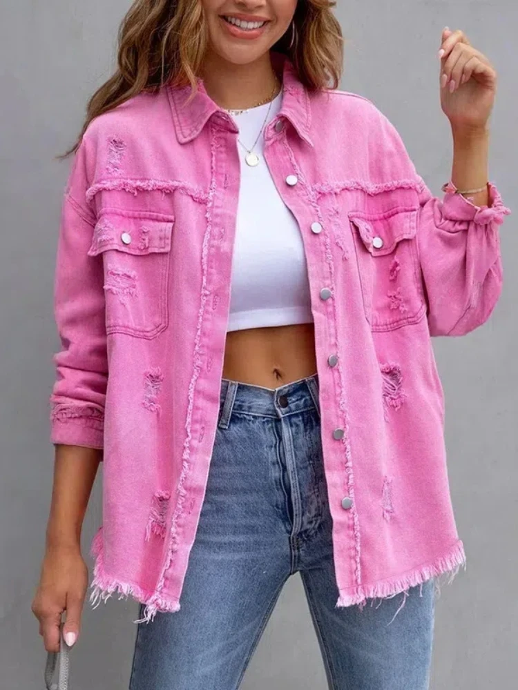 

Осенне-зимняя женская одежда, новый стиль, однотонная джинсовая куртка средней длины с потертыми краями, женский повседневный топ с длинными рукавами