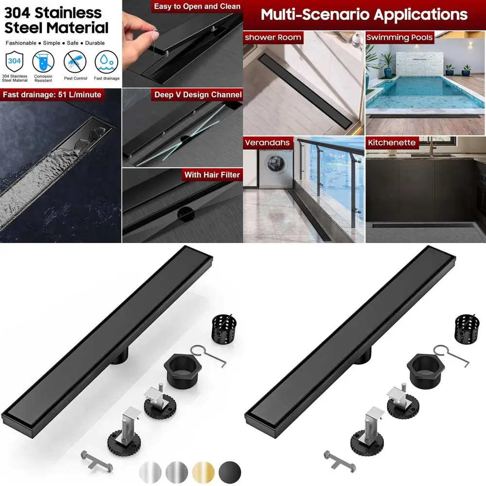 

Матовый черный линейный душевой трап 36 см с вставкой под плитку и регулируемыми ножками для ванной и балкона