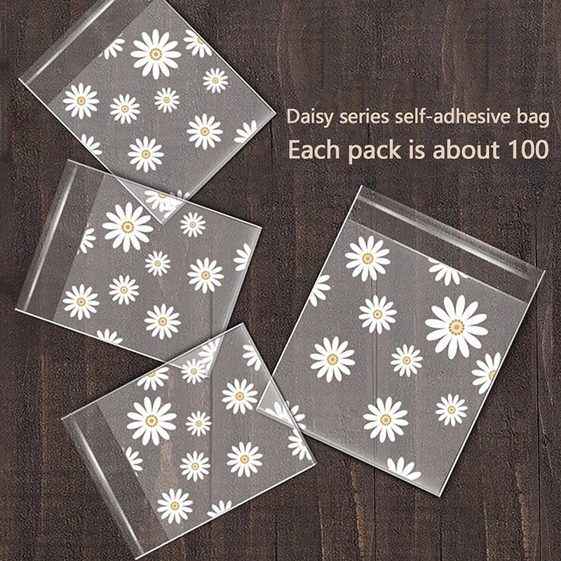 100Pcs Thickened Matte Daisy Pattern Opp Self-sealing Bag Cute Small Chrysanthemum Printed Gift Candy Snack Wrapping Bags