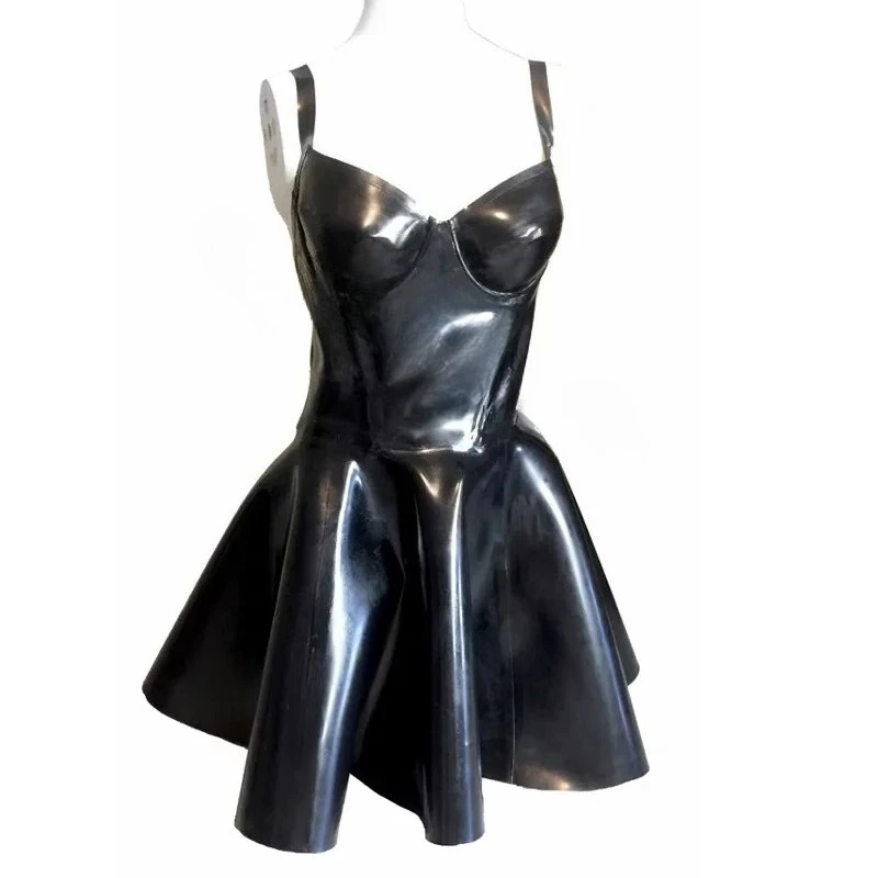 

Woman Latex Bodycon Dress Exotic Dancewear Hot Mini Dress Clubwear Sexy Fetish Rubber Pleated Braces Open Back Skirt