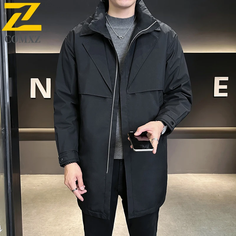COMXZ Winter Down Jacket 50 White Duck Fill Coldproof Warm Mid Long Casual Stand Collar Thermal Coat Men Outdoor Daily Wear