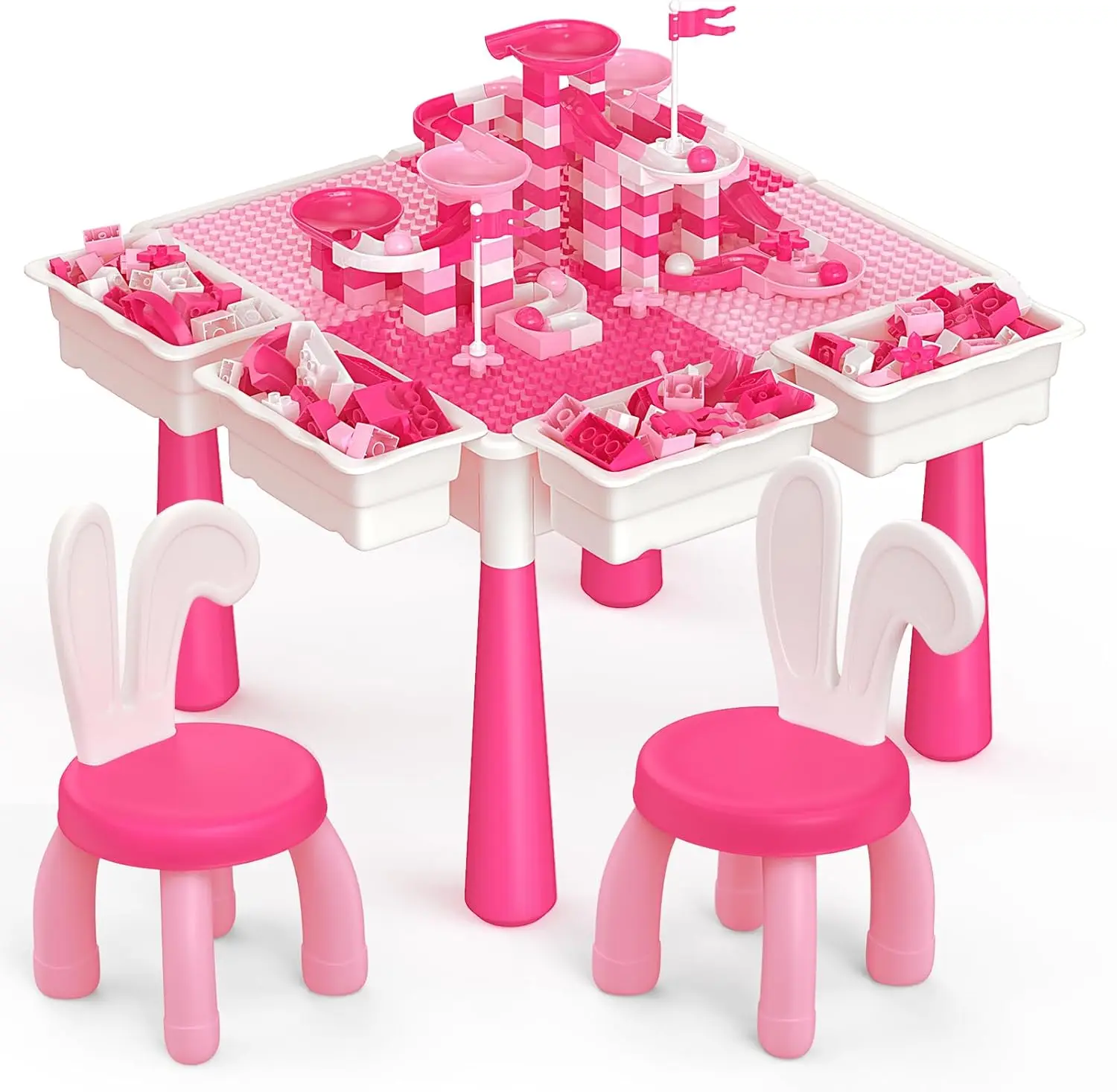 

Toddlers Activity Table 7 in 1 Kids Activity Tables and Chairs Set with 152Pcs Large Marble Run Building Blocks, Sand/Water Tabl