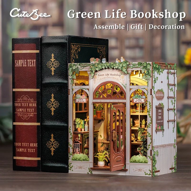 CUTEBEE Book Nook House Miniature Kit Street Bookshop 3D Puzzle Wooden Book Shelf Insert Light Model For Kid Birthday Gift