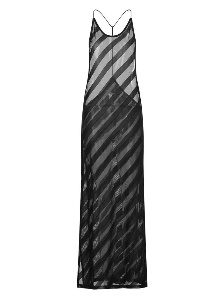 CHRONSTYLE Women Mesh Sheer See Through Dress Backless Spaghetti Strap Striped Long Maxi Dress Sleepwear Lingerie Vestidos 2025