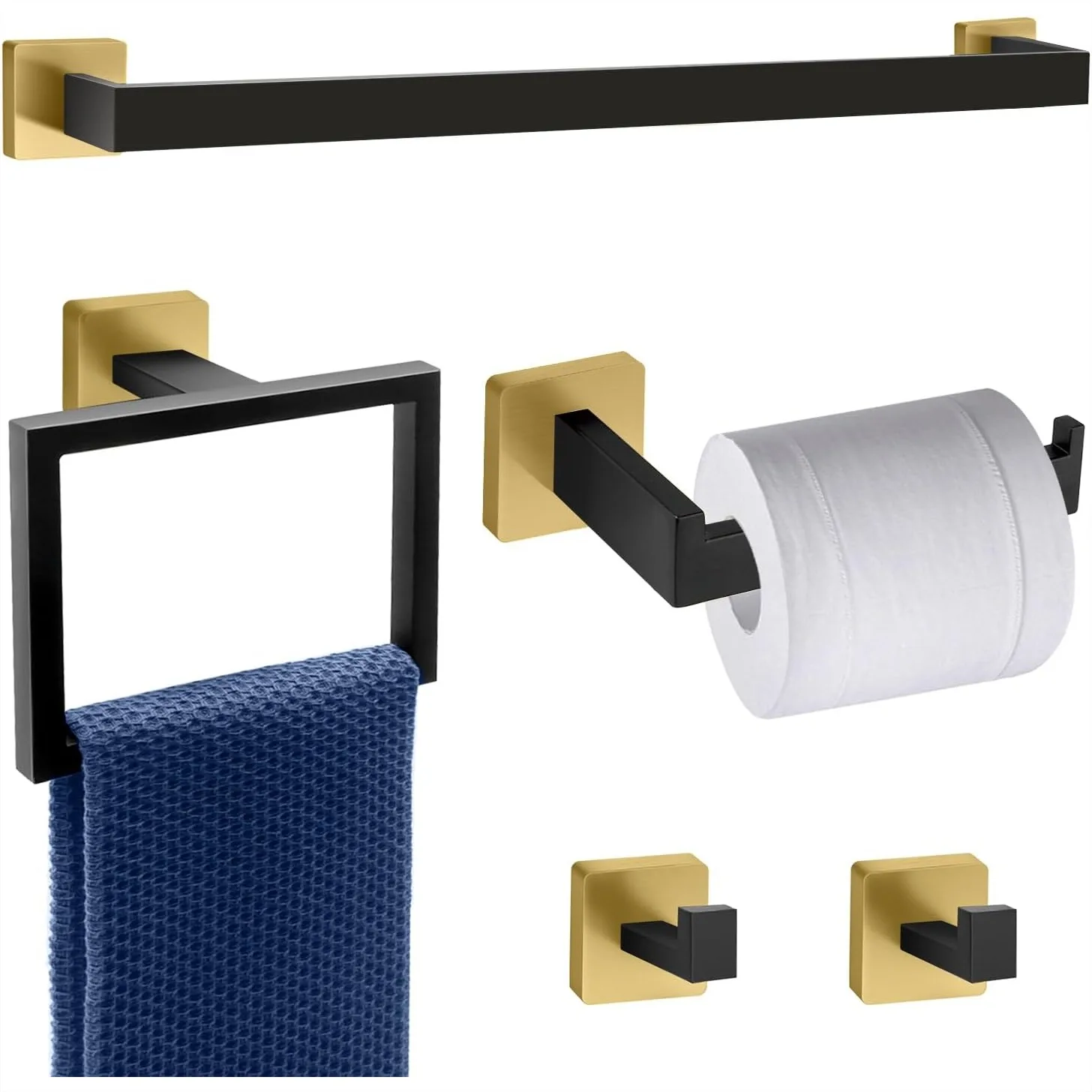 

5 Piece Black and Gold Towel Bar Set, Stainless Steel Wall Mounted Bathroom Accessories with 2 Hooks, Square 16-Inch Towel Rack