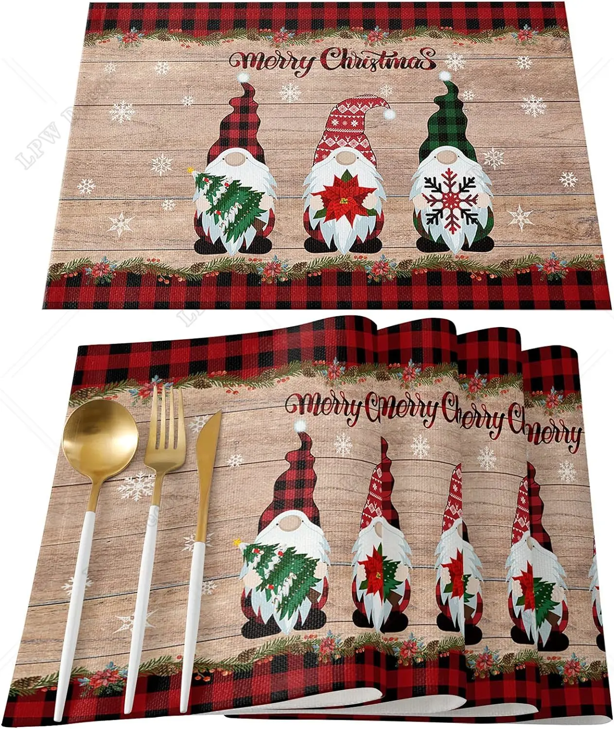 Christmas Farmhouse Buffalo Plaid Red Black Cotton Line Stain Resistant Table Mats Washable Holidays Placemat Winter Snowflakes