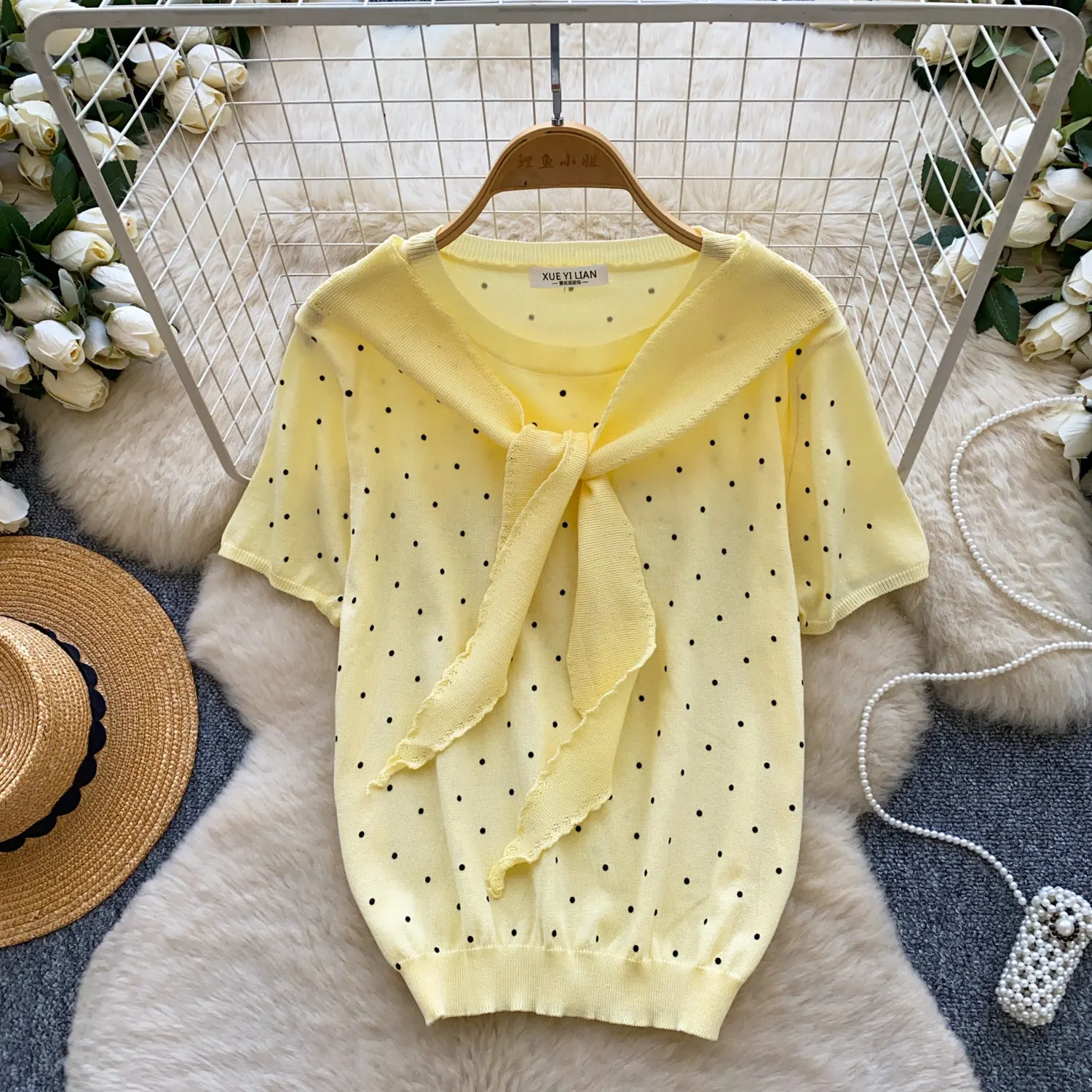 

Tops Women Top Round Neck Short Sleeve Knit Thin Print Dot Casual Y2k Streetwear Tight Waist Elegant Work Slim Fit 2026 Summer