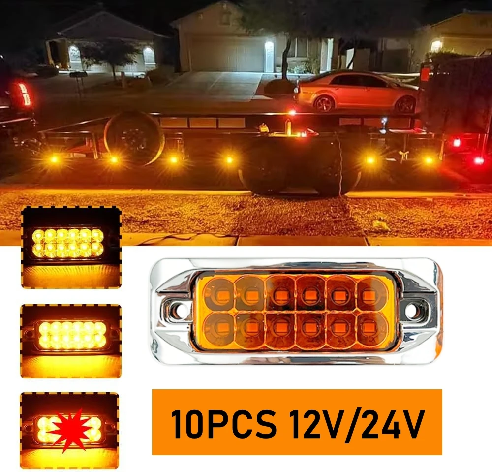 

10PCS LED Strobe Indicator Lights 12LED Truck Trailer Side Marker Light 12V/24V Oval Clearance Side Light Clearance Light Chrome