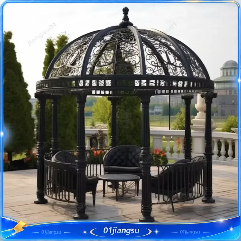 Classic European Wrought Iron Gazebo Outdoor Carved Column Dome Black Metal Pergola Pavilion Garden Yard Patio Decor Canopy