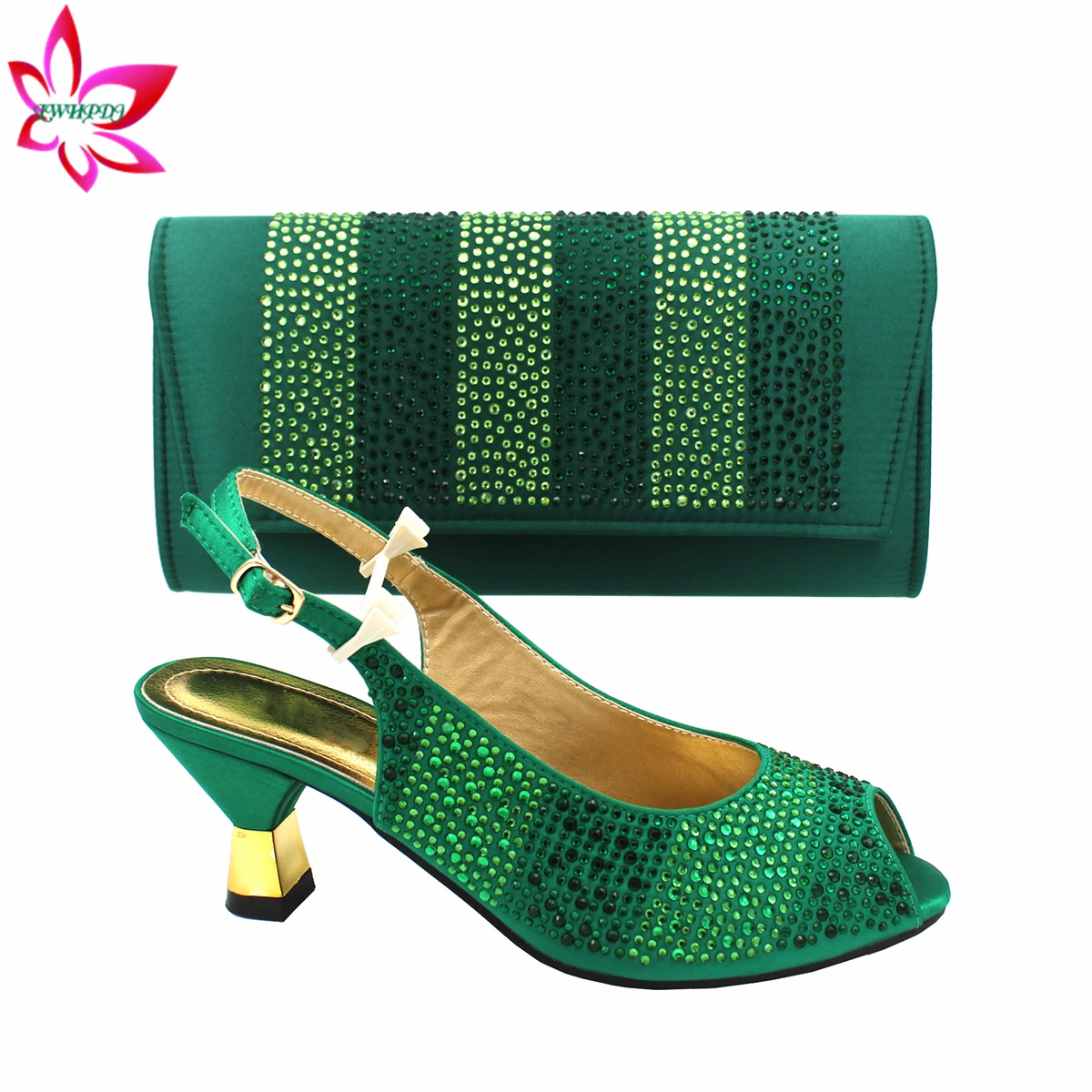 Mature Style New Design Italian Women Shoes and bag Set in Green Color Decorate with Rhinestone Pumps for Wedding Party