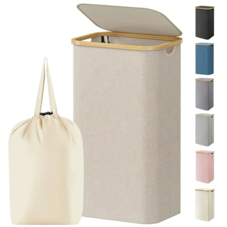 

Laundry Basket with Lid, Clothes Hampers for Laundry with Bamboo Handles and 1 Removable Bag, Large Foldable Laundry Hamper for