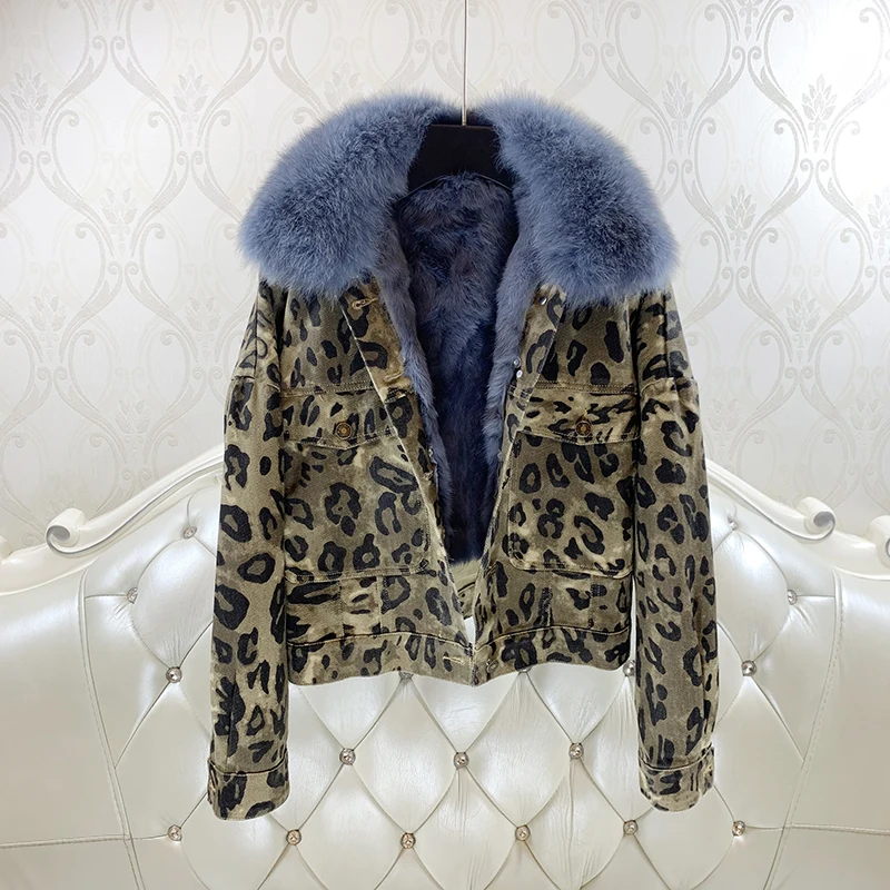 Leopard print detachable fox fur collar denim jacket women 2023 autumn winter loose rabbit fur liner parkas real fur coat Y3149