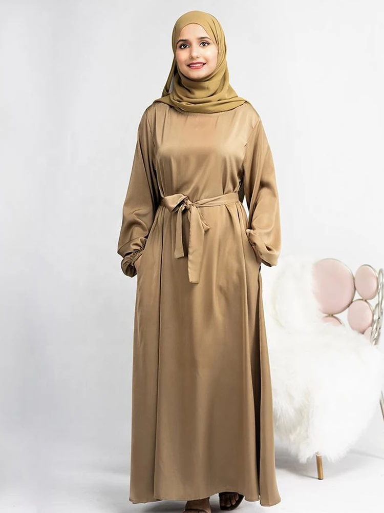 Muslim Women Dress Long Sleeves Ramadan Eid Dubai Abayas Satin Islam Clothing Hijab Robe Turkish Modest Outfit Kaftan (No Scarf)