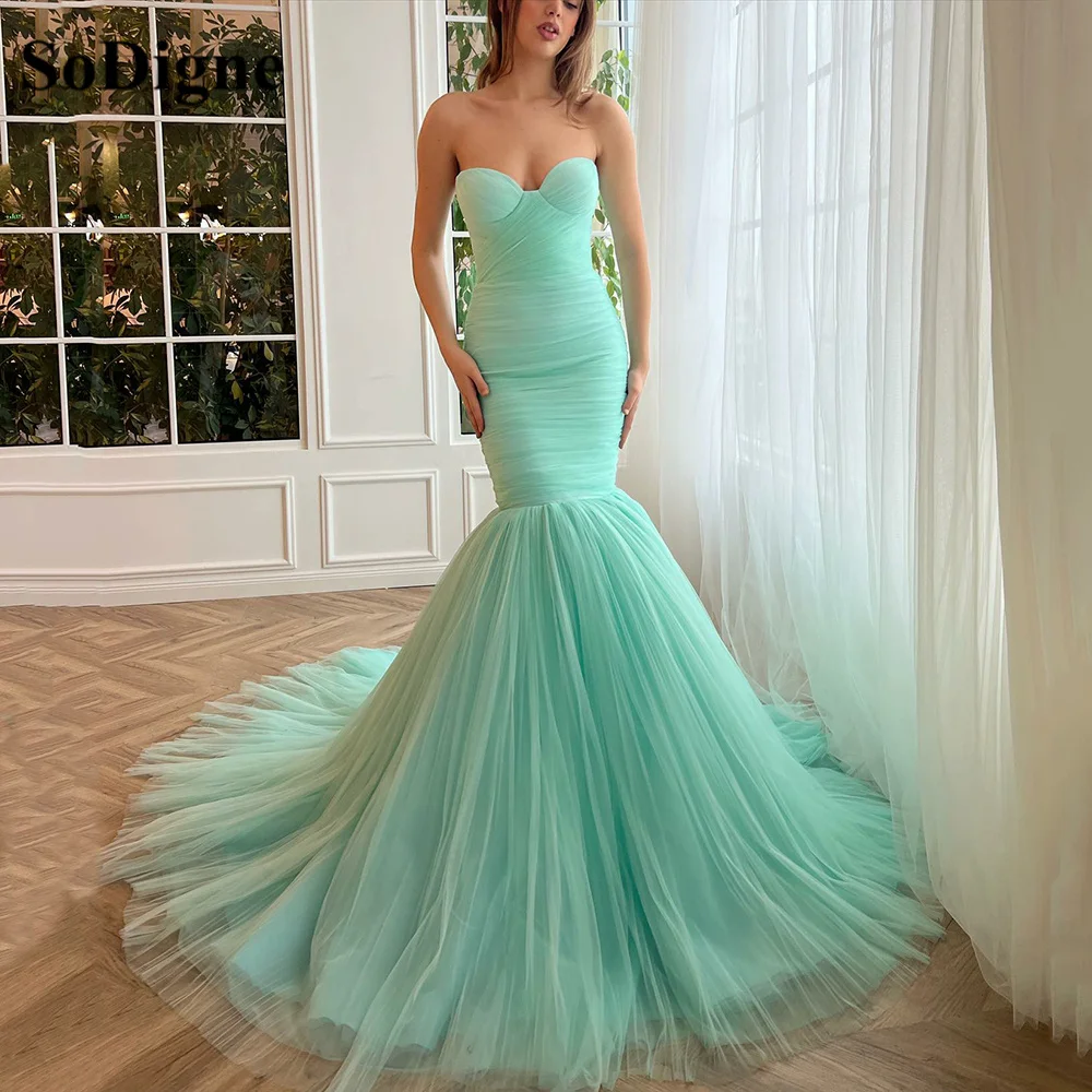 

SoDigne Blue Tulle Mermaid Evening Dresses 2023 Sweethearts Pleats Trumpet Prom Party Gowns Formal Celebrity Dresses