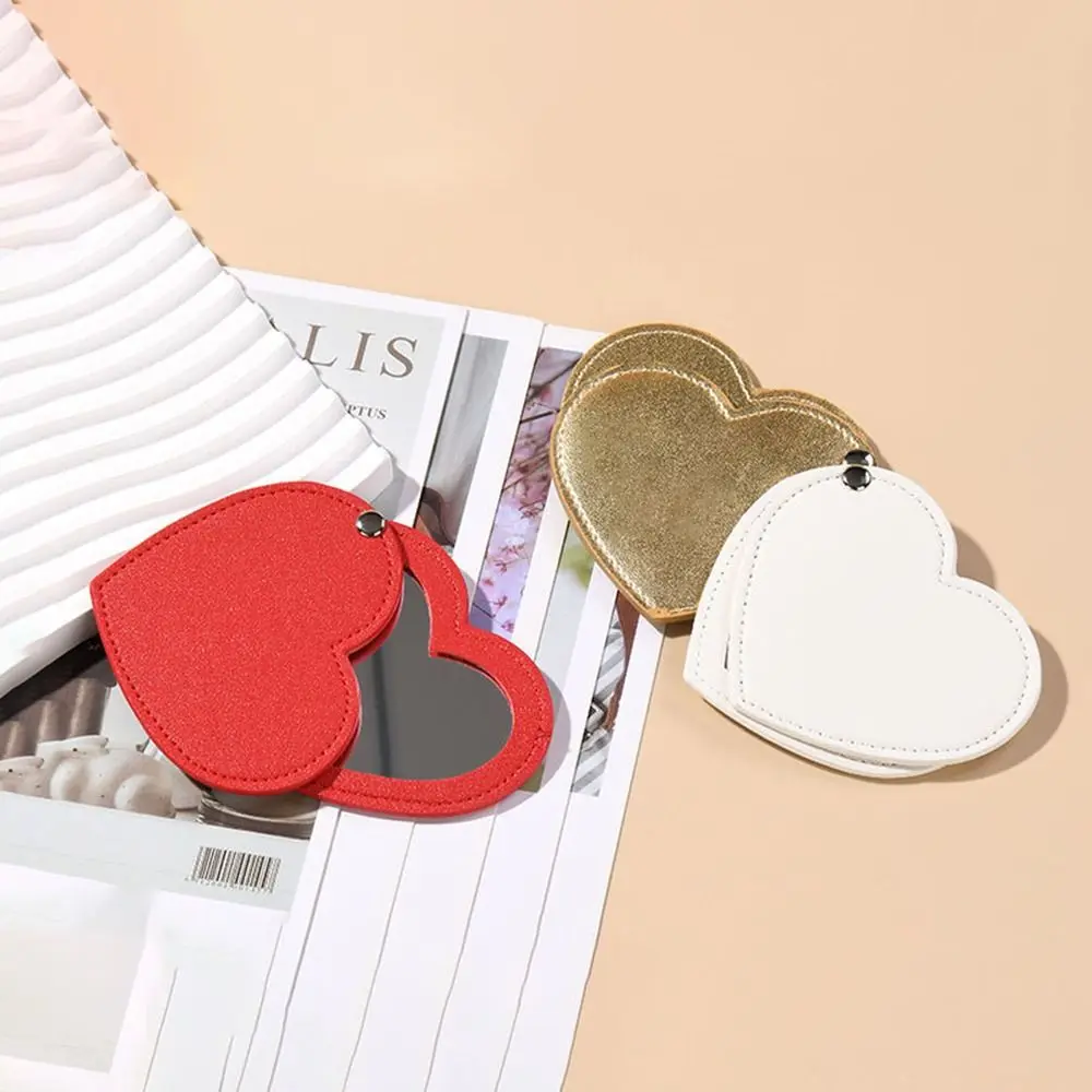 

Portable Heart Compact Mirror Cute Solid Color Ultra-thin Makeup Mirror Heart-shaped PU Leather Makeup Tool Travel