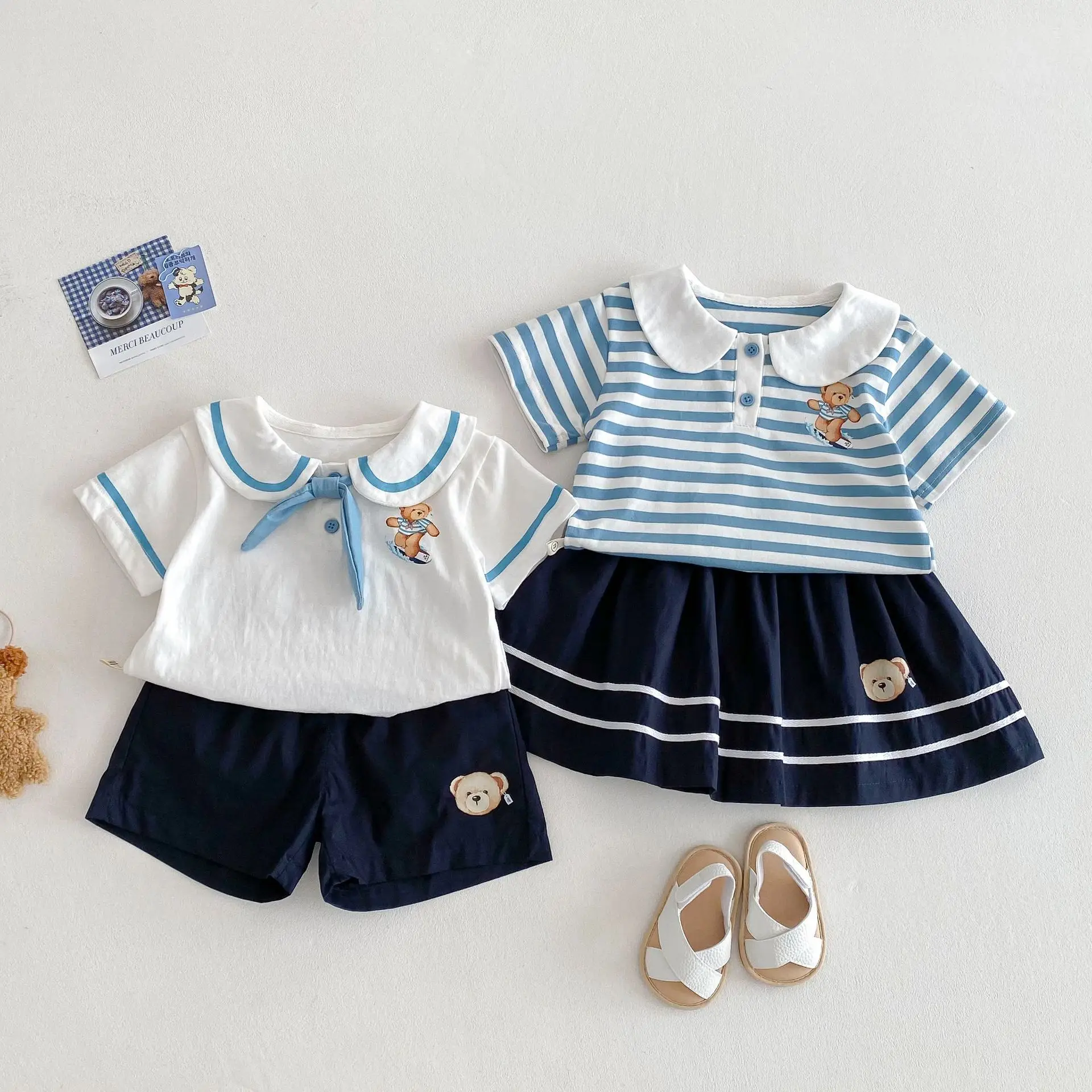 

Children's College Style Set 2025 New Summer Girls' Striped T-shirt Striped Top Boys' Shorts Two Piece Set