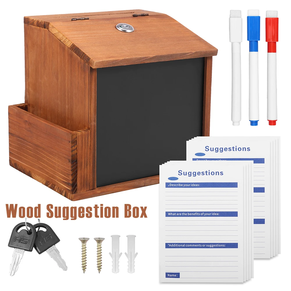 

Деревянный ящик для предложений, настенный ящик для комментариев со слотом и 3 стираемыми ручками, запираемый ящик для денег для украшения домашнего офиса