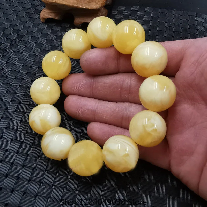 Natural Baltic Amber Elastic Large Bracelet Bracelet Yellow Beeswax Old Honey Wax Amber Bracelets Round Bead Women Mens Gifts