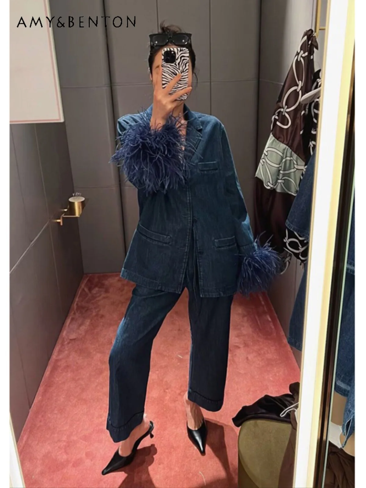 Retro Lapels Feather Stitching Long Sleeve Denim Blazer Slim Straight Pant Sets Casual OL 2 Piece Sets Womens Outfits Autumn New