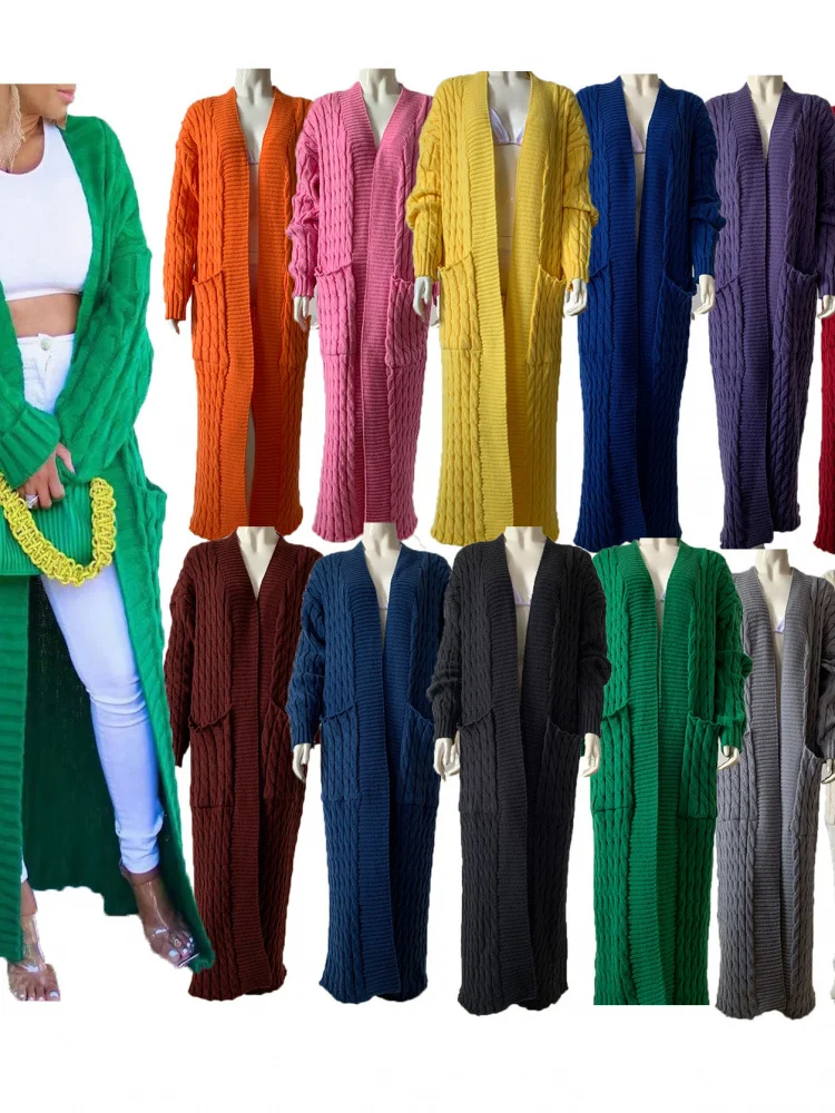 

Thiened Long Knitted Cardigan Women's Outerwear Coat with kets Commute Sle Korean Loose Fit Long Sve Pure Color