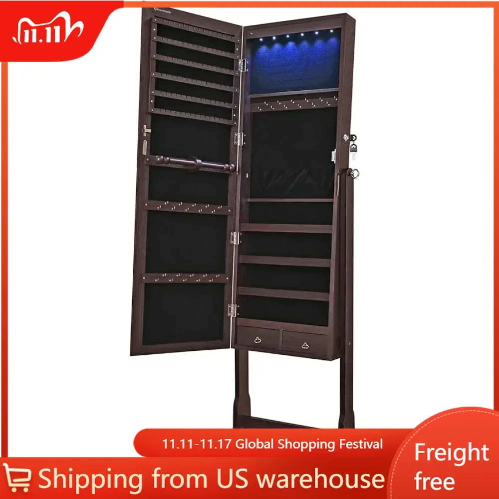 Mirror Jewelry Cabinet With 6 LED Lights Brown 2 Drawers Lockable Standing Mirrored Mirrors Storage Locker Mirror Full Body Home