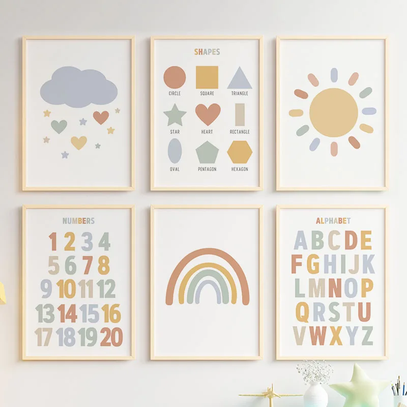 Art mural de pépinière de numéro d'alphabet de forme d'arc-en-ciel de nuage et de soleil, peinture de toile, affiches et copies nordiques, gérer le décor de chambre d'enfants de bébé