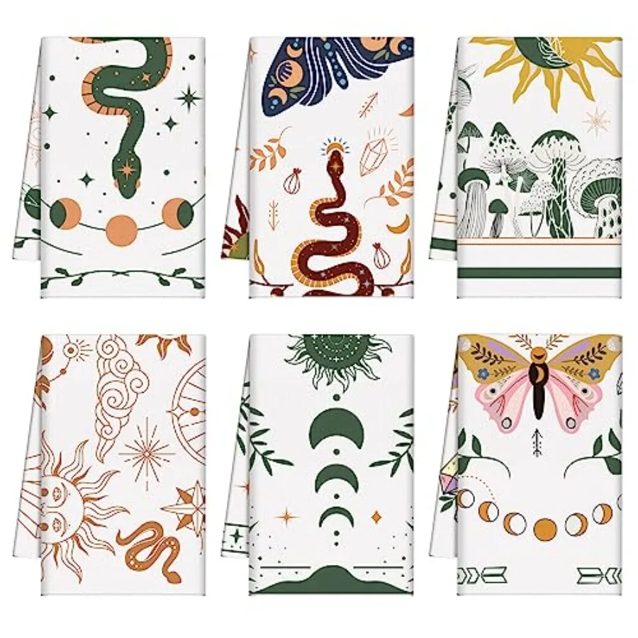 6 عبوات مناشف المطبخ بوهو 18 × 28 بوصة فطر ساحر مناشف المطبخ القمر السماوية ماصة قماش الأطباق ديكور هدايا للمزرعة