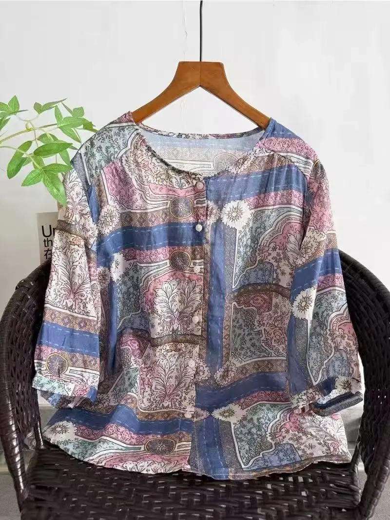 2026 Ethnic 100% ramie print shirts and blouses for women summer bohemian half sleeve tops vintage bohemian clothing