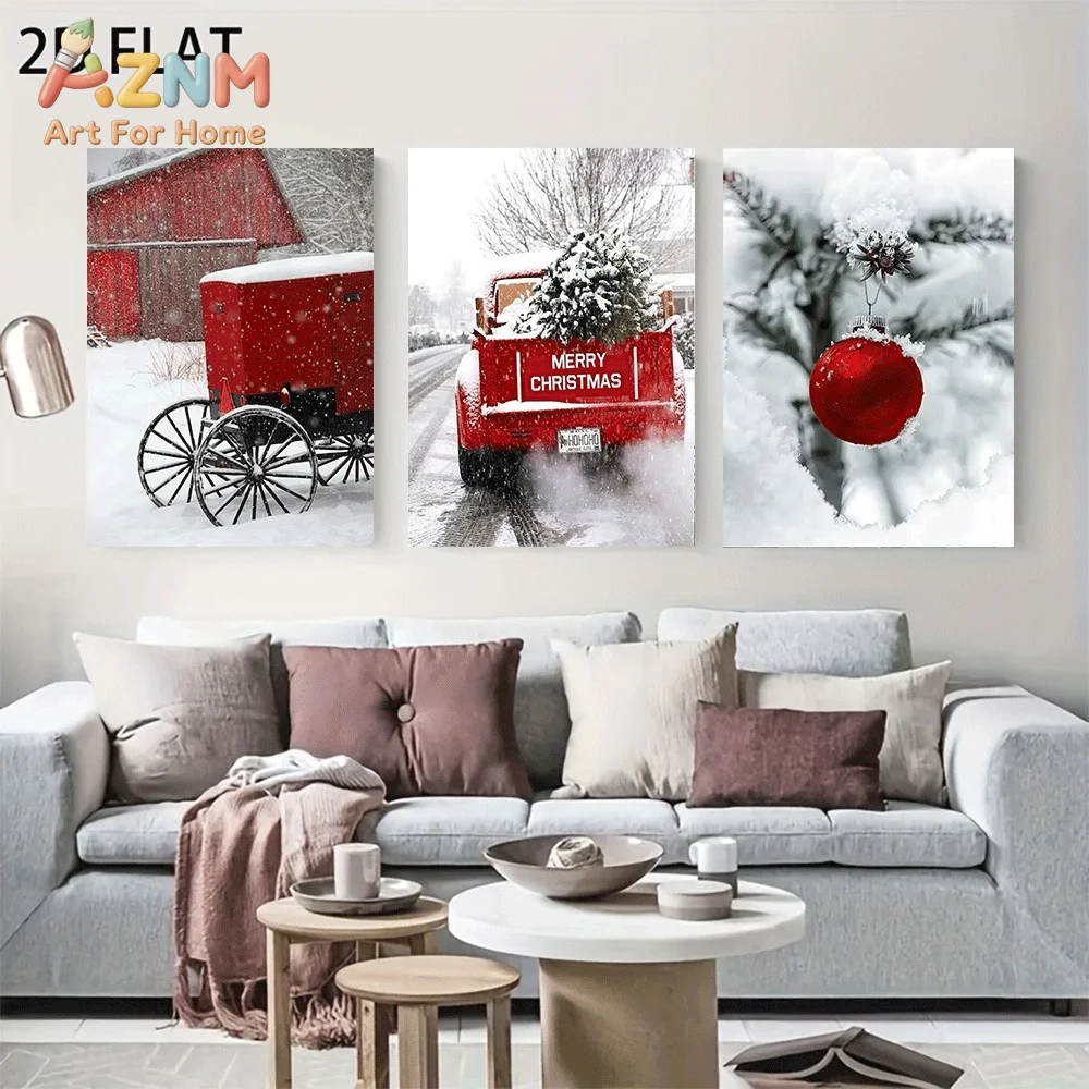 AZNM Christmas Winter Snow Red Truck Carriage Ball Ornament Canvas Wall Art, Country Farmhouse Xmas Scenery Print Painting for H
