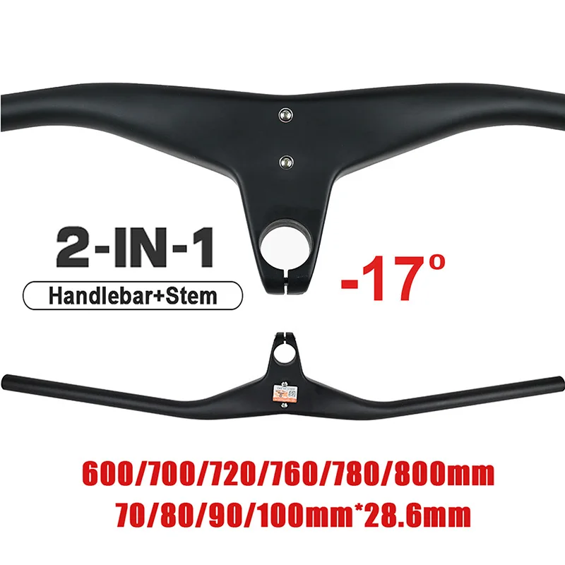 Carbon Fiber Integrated Handlebar, 28.6mm-17 Degree MTB Bicycle Handlebar and Stem, Bike Parts, 600 ~ 800x70-100mm